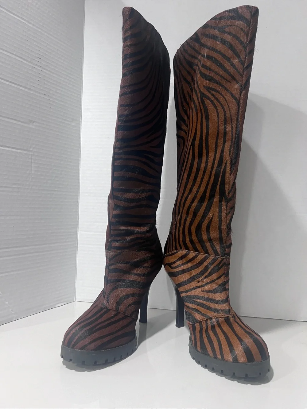 Envy Crackalackin 6.5 Zebra Hair-On Leather Knee High Stiletto Boots Y2K